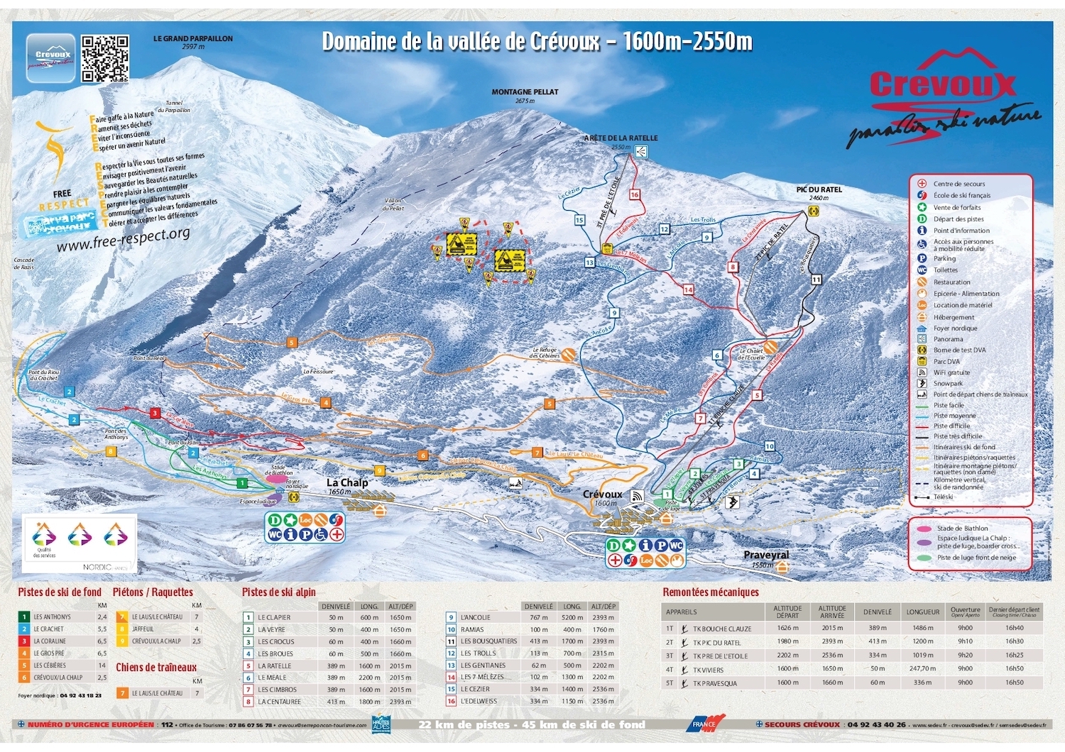 Plan des pistes de la station de ski Crévoux (Alpes du Sud) en France