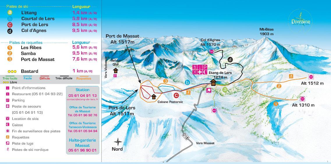Plan des pistes de la station de ski Etang-de-Lers (Pyrénées) en France