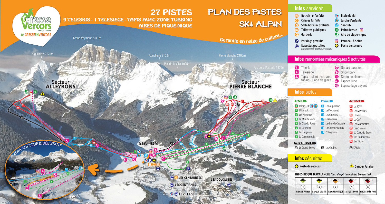 Plan des pistes de la station de ski Gresse-en-Vercors (Alpes du Nord) en France