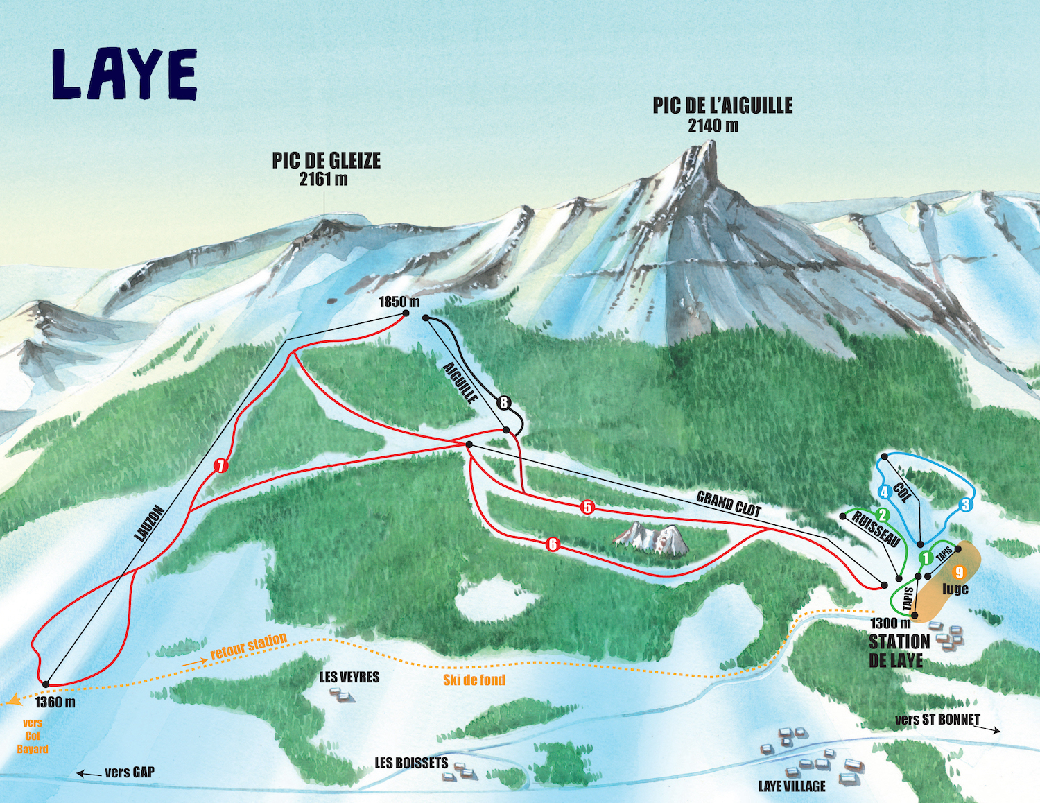 Plan des pistes de la station de ski Laye-en-Champsaur (Alpes du Sud) en France