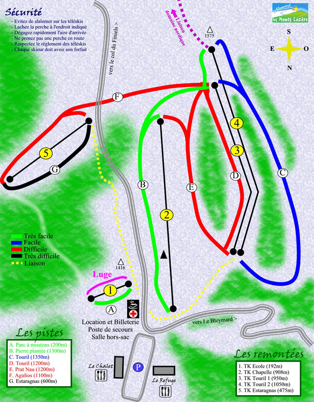 Plan des pistes de la station de ski Le Bleymard – Mont-Lozère (Massif Central) en France