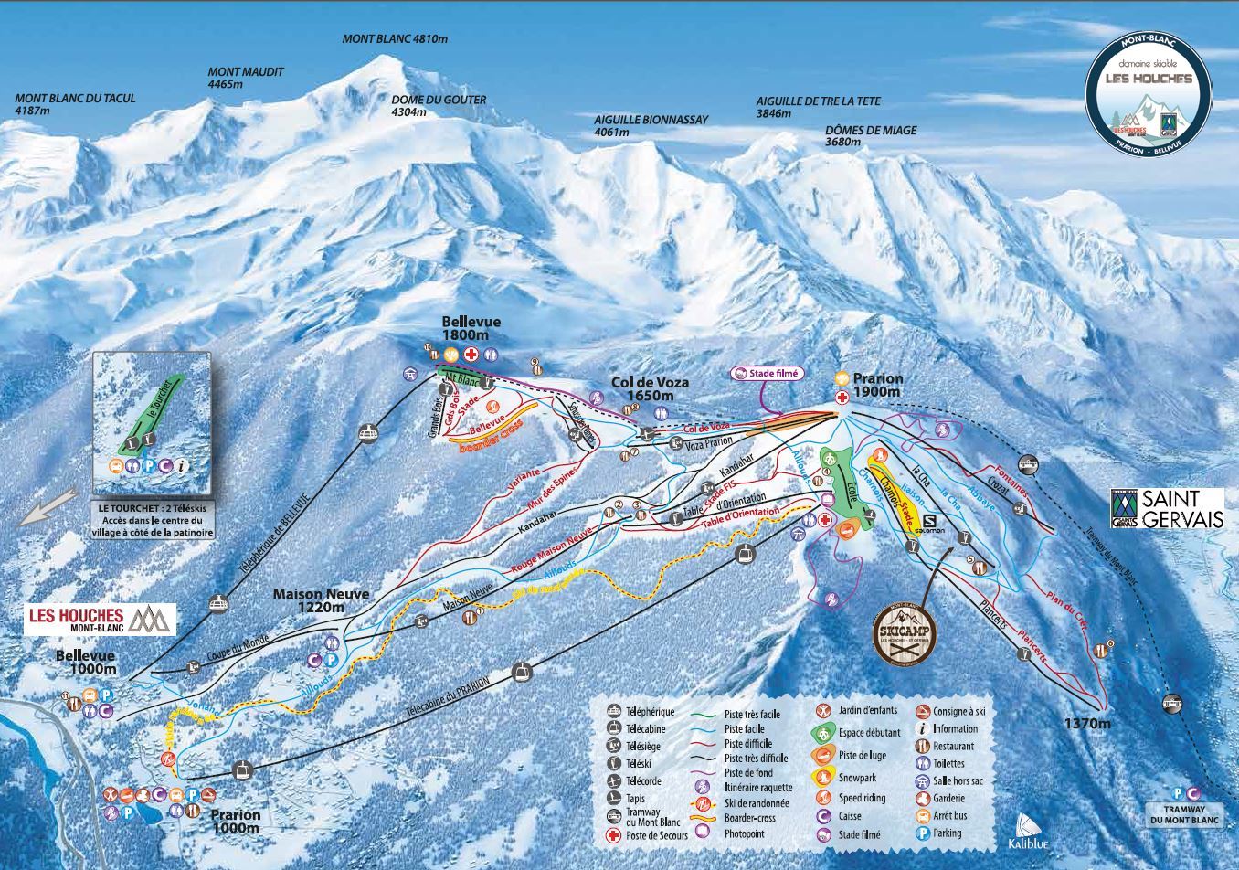 Plan des pistes de la station de ski Les Houches (Alpes du Nord) en France