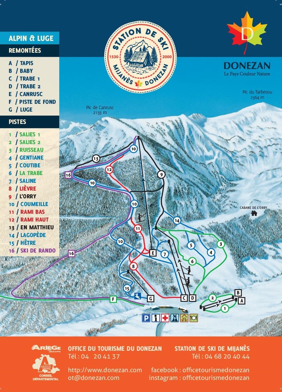 Plan des pistes de la station de ski Mijanès – Donezan (Pyrénées) en France