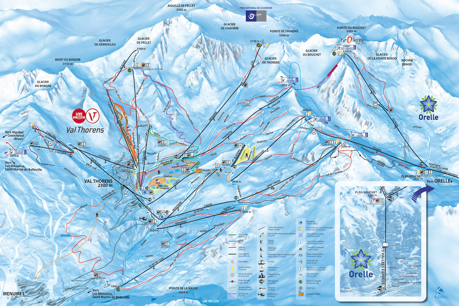 Plan des pistes de la station de ski Orelle (Alpes du Nord) en France