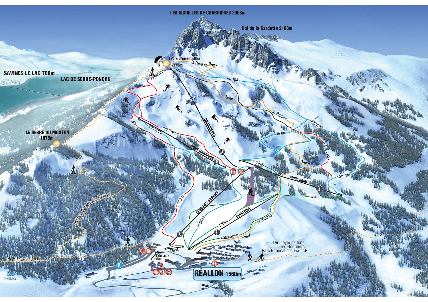 Plan des pistes de la station de ski Réallon (Alpes du Sud) en France