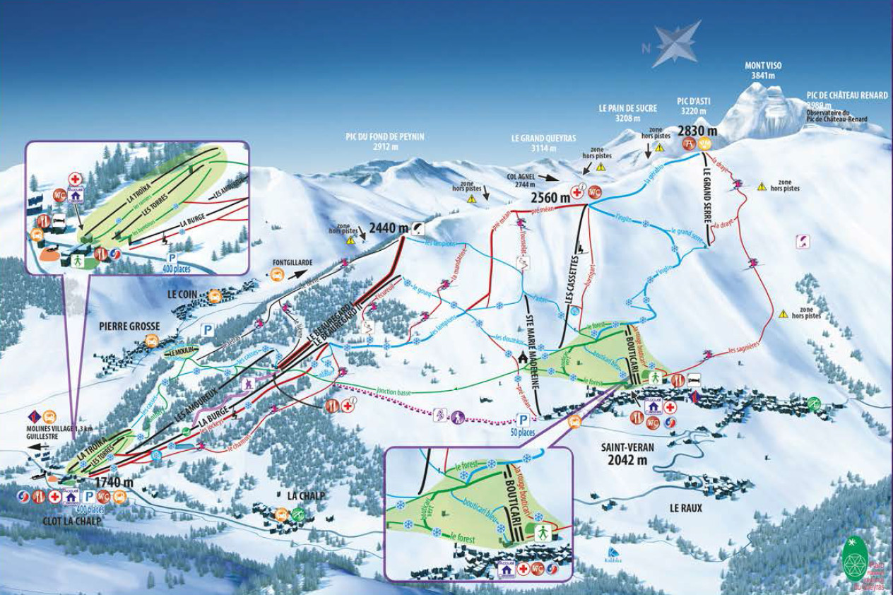 Plan des pistes de la station de ski Saint-Véran (Alpes du Sud) en France
